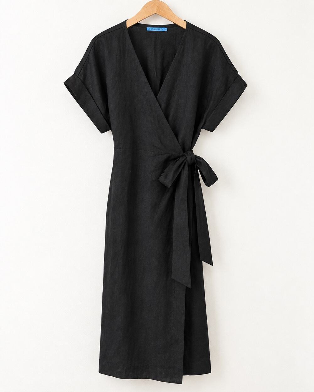 J.McLaughlin Soraya Linen Wrap Dress L Black NWT Resort Quiet Luxury